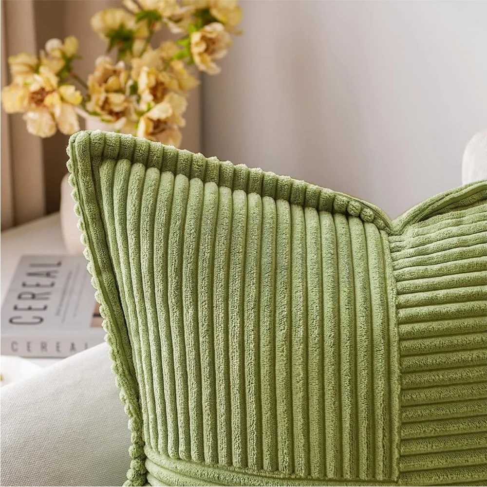 Olive Green Striped Texture Corduroy Decorative Farmhouse Luxury Soft PillowCase